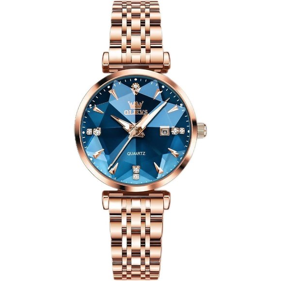 Women Blue Dial Rose Gold Stainless Steel Band Quartz Small Face Watch main image 8
